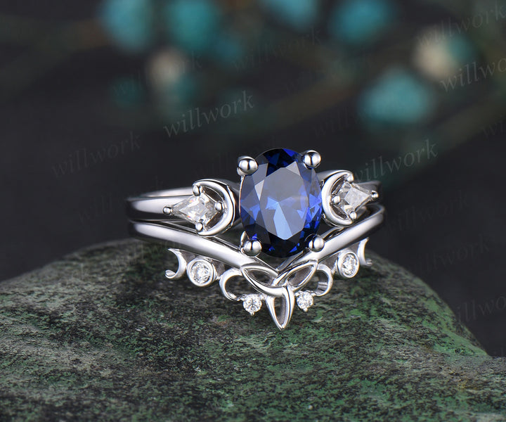 Oval cut blue sapphire engagement ring set vintage moon three stone kite moissanite ring women Celtic knot wedding ring set gift