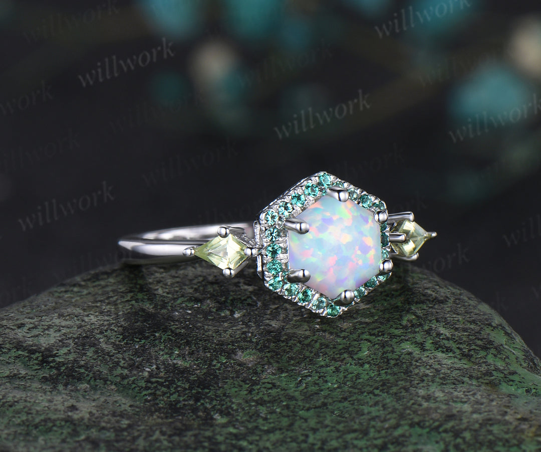 Hexagon Cut white opal Engagement Ring white gold halo emerald ring kite peridot anniversary wedding ring women gift For Her