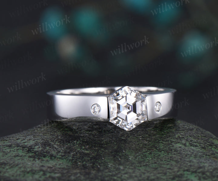 Hexagon cut moissanite wedding band men three stone diamond mens wedding ring band unique engagement anniversary gift