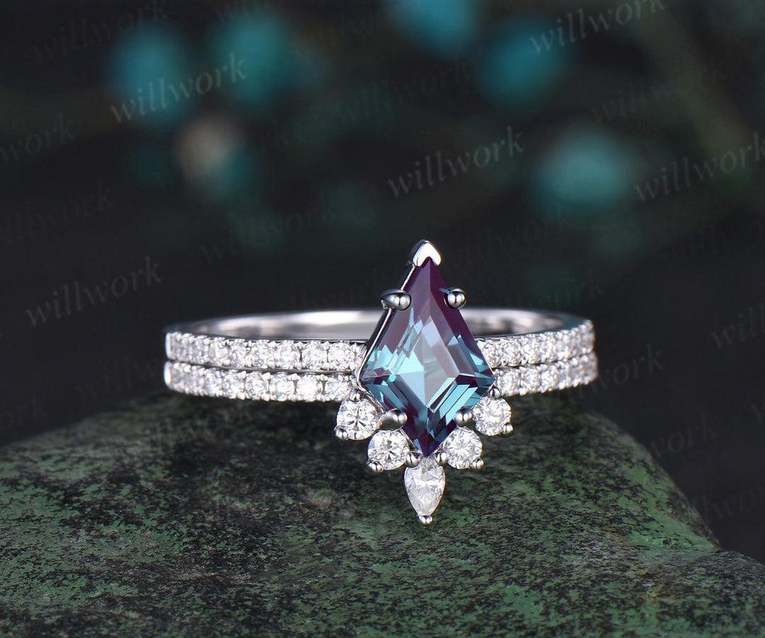 Kite cut alexandrite engagement ring white gold half eternity diamond wedding bridal ring set women jewelry