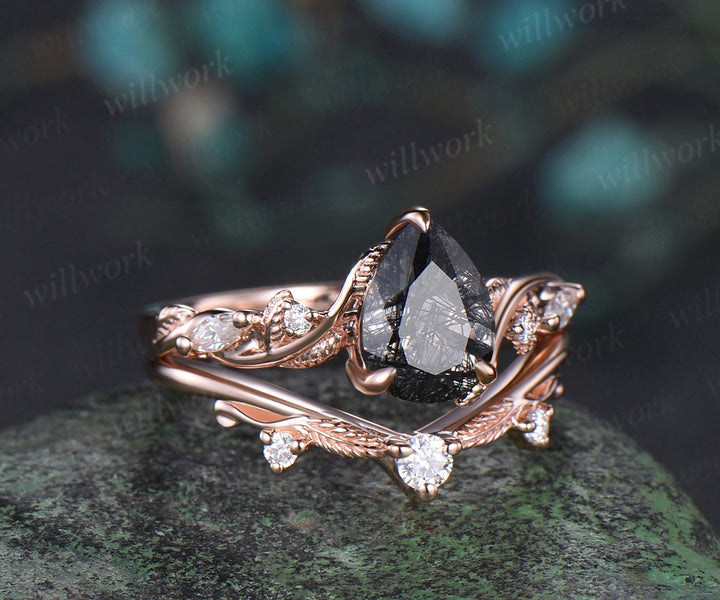 Pear black rutilated quartz engagement ring leaf twisted five stone diamond bridal anniversary ring set women