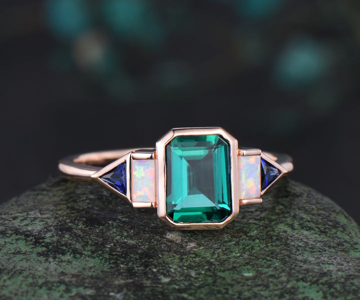 Bezel emerald cut green emerald engagement ring rose gold five stone Baguette opal ring Trilliant sapphire ring retro unique anniversary gift