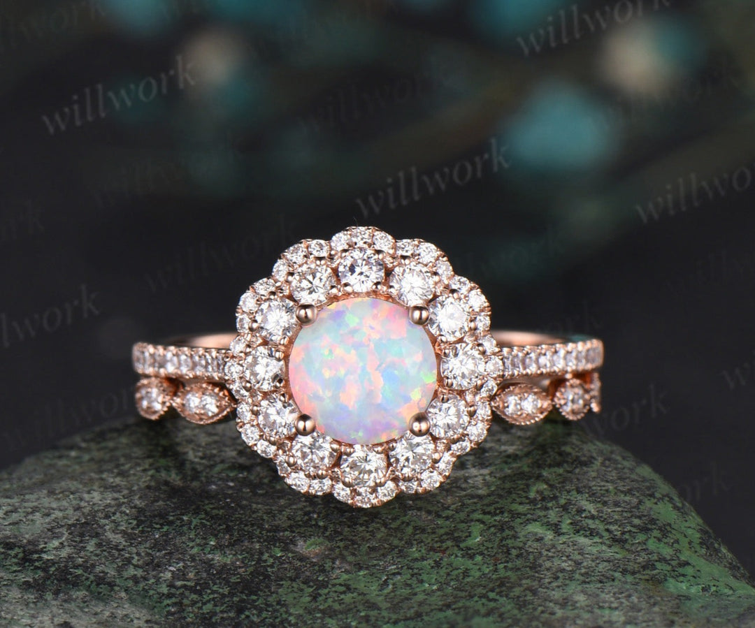 Round white opal engagement ring double halo moissanite solid 14k rose gold half eternity unique wedding bridal ring set