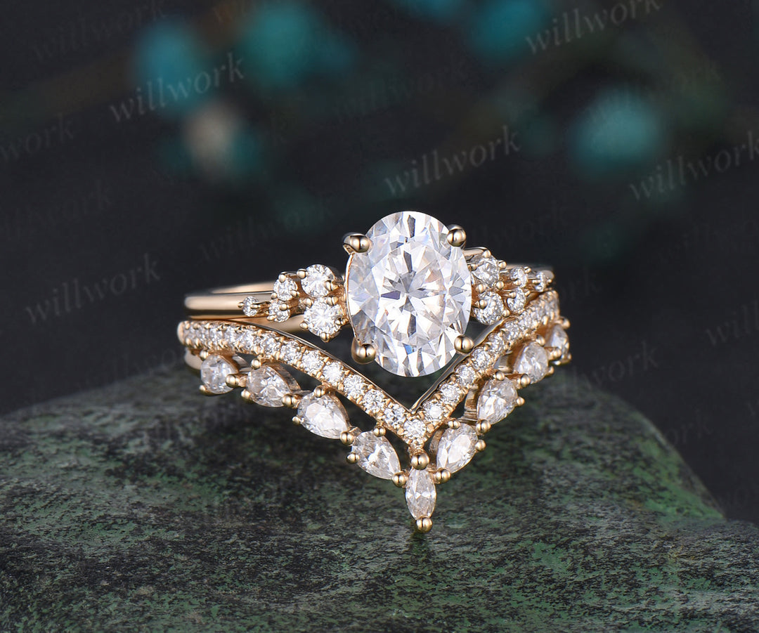 Oval cut moissanite engagement ring 14k yellow gold snowdrift diamond ring vintage unique wedding bridal ring set women
