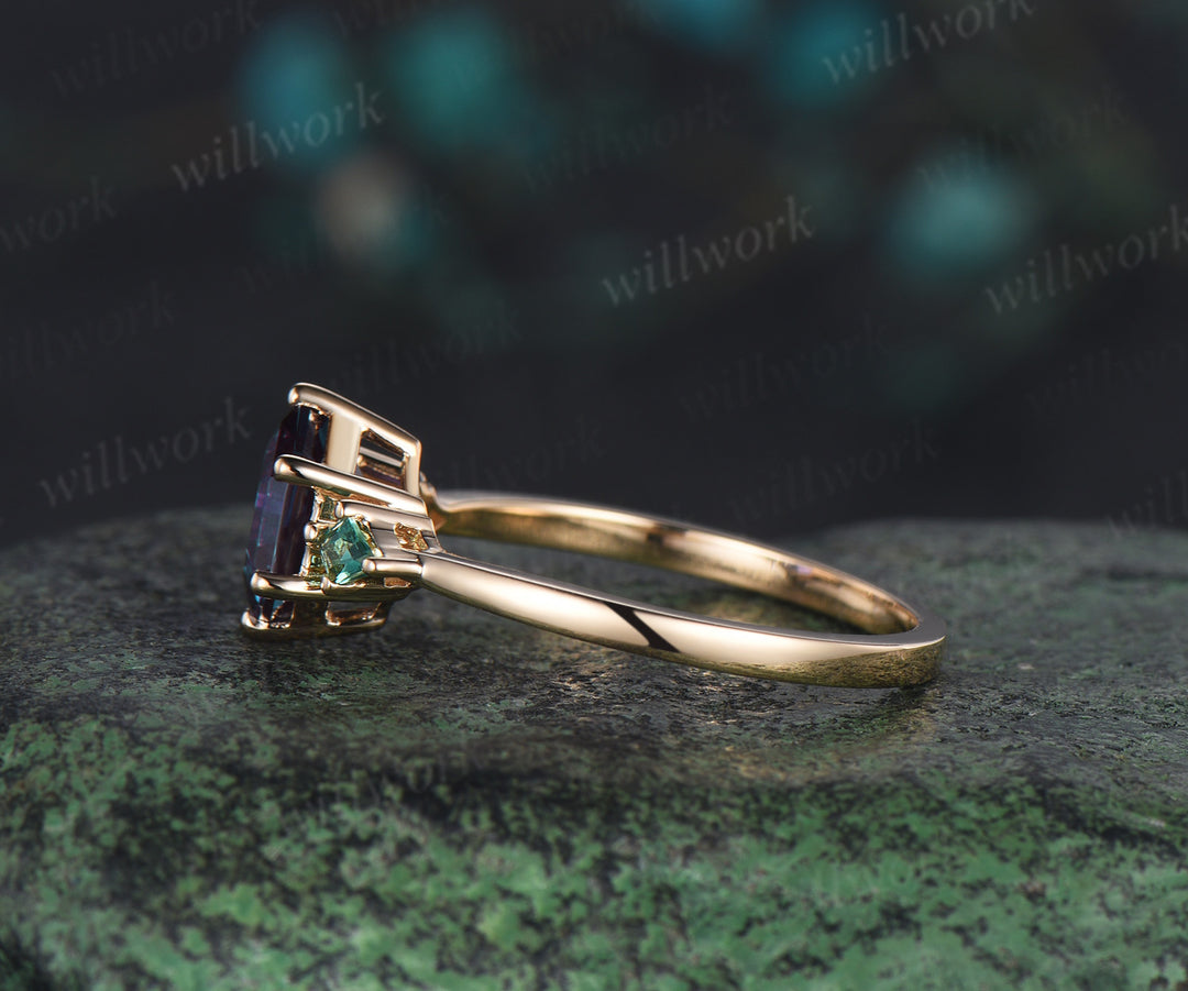 Hexagon cut alexandrite ring yellow gold kite emerald 6 prong three stone Minimalist engagement ring women anniversary ring gift