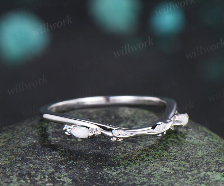 Marquise opal wedding band leaf inspired white fire opal curved stacking ring gifts for her