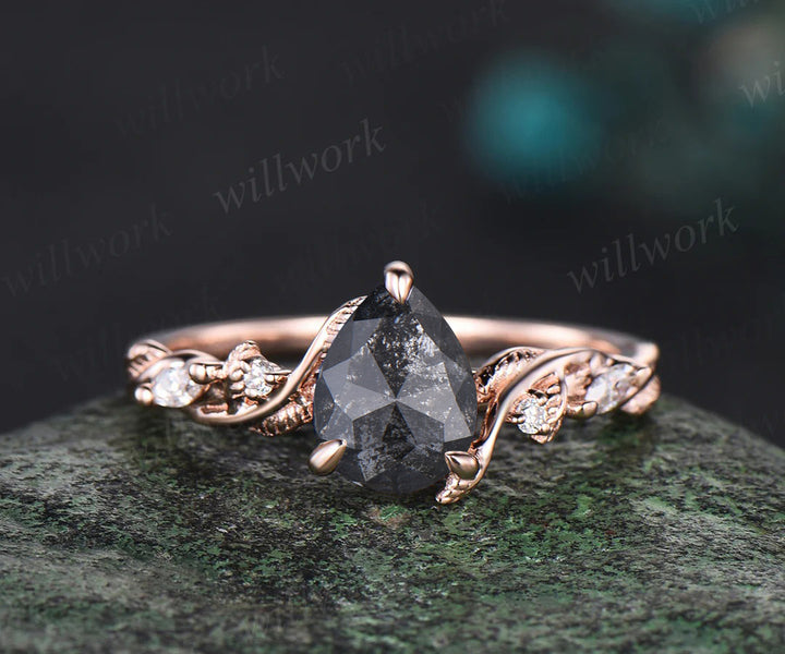 Pear cut salt and pepper diamond engagement Ring Set vintage Nature Inspired Branch rose gold Twist Leaf diamond promise Bridal ring Set women