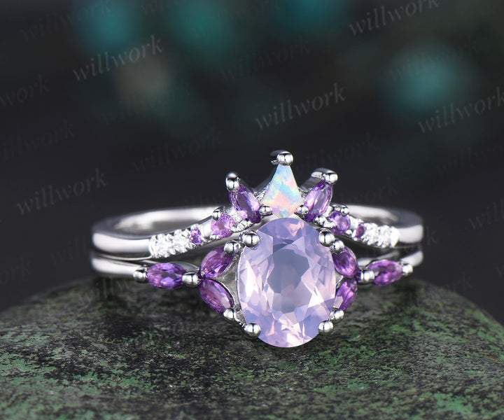 Vintage oval cut Lavender Amethyst engagement ring set white gold opal moissanite ring women stacking Crystal anniversary ring gift