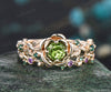 Unique Round Natural Peridot Rose Flower Engagement Ring Set Amethyst Emerald Leaf Floral Vine Twig Branch Nature Inspired Ring August Birthstone Yellow Gold 2pcs Bridal Ring Set