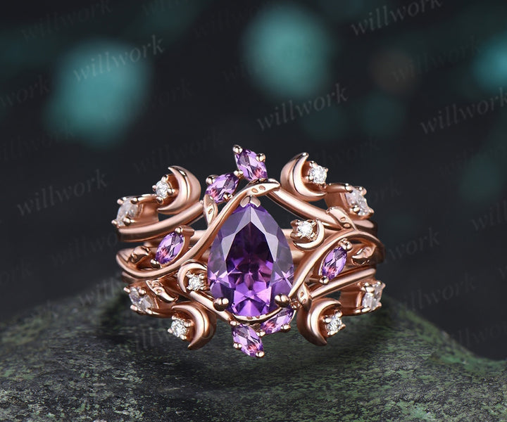 Pear Purple Amethyst Engagement Ring Nature Inspired Branch Leaf Moon Sold Gold Wedding Ring Set