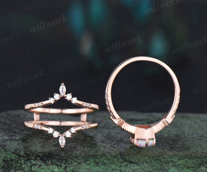 Long hexangon cut white opal engagement ring set rose gold vintage unique moissanite wedding band enhancer bridal set women