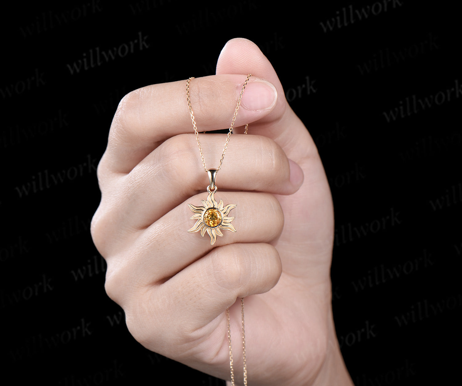 Minimalist Round Cut Citrine Sun Necklace Unique 14k Rose Gold Yellow WILLWORK JEWELRY