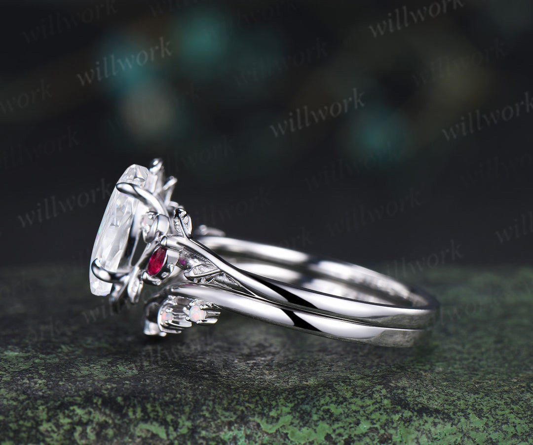 Marquise lab grown diamond ring set leaf moon twig ring ruby opal accents nature inspired bridal set