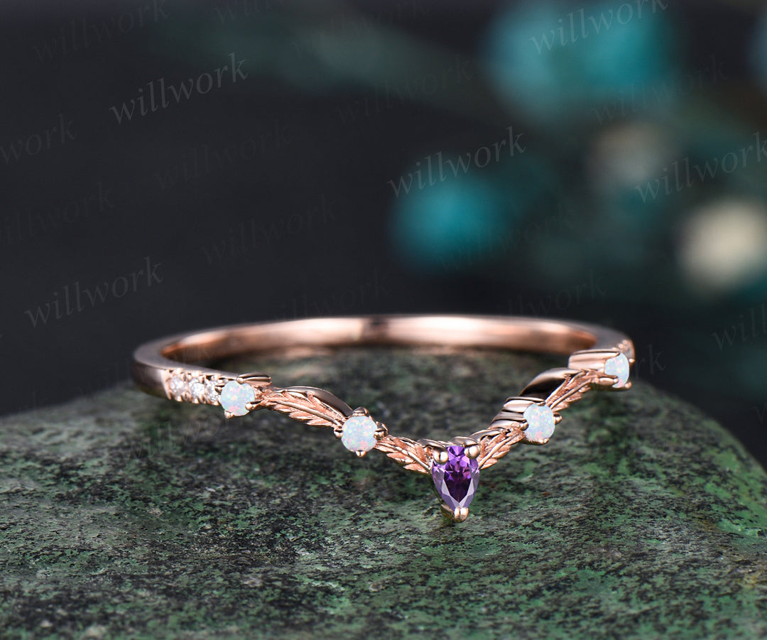 Unique Amethyst Wedding Band Vintage Curved V Shaped 14k Rose Gold Amethyst Ring Vintage Norse Leaf Nature Ring Jewelry Dainty Wedding Bridal Anniversary Ring Band Women