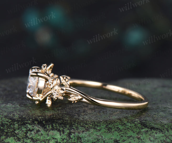 1ct Round cut Lab grown diamond engagement ring 14k yellow gold moon floral five stone ring vintage leaf branch promise ring women