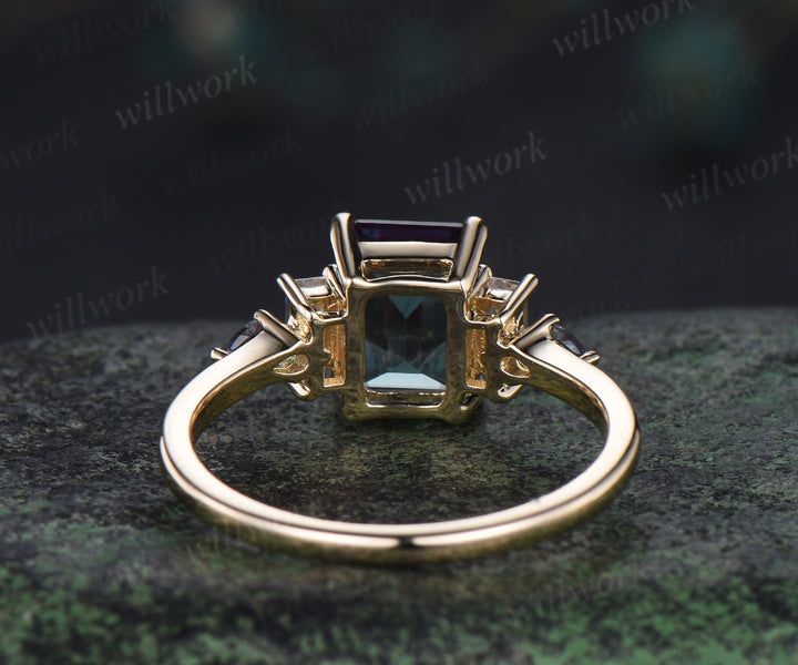 Emerald cut alexandrite Engagement Ring 14k yellow gold Baguette cut Moissanite Five Stone Ring women