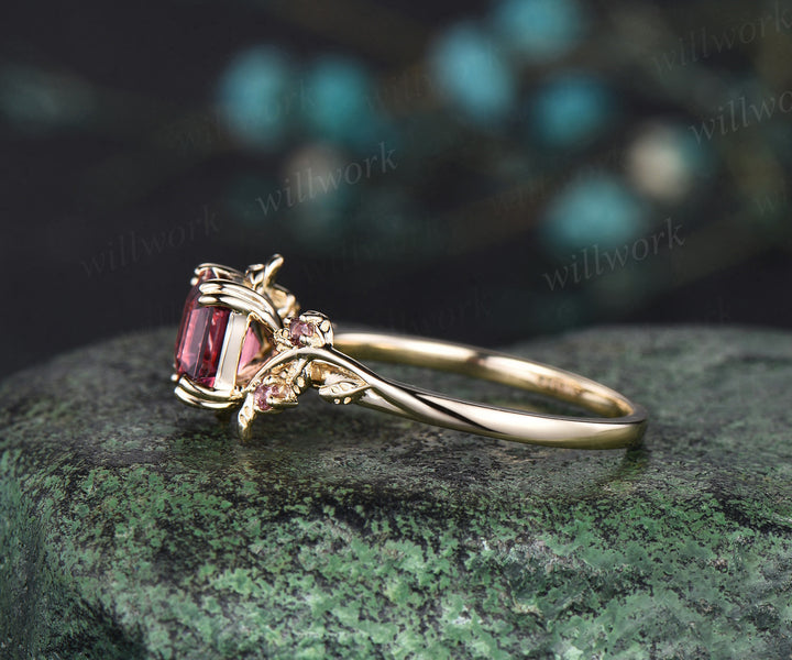 Vintage Asscher Cut Pink Tourmaline Engagement Ring solid 14k yellow gold five stone leaf branch wedding ring women jewelry