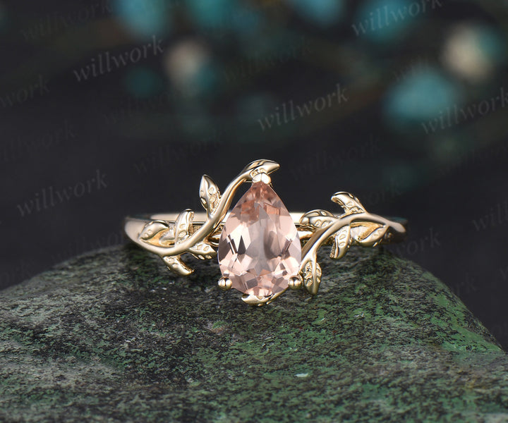 Pear shaped morganite Engagement Ring Solitaire leaf nature inspired solid 14k yellow gold wedding bridal ring set women jewelry