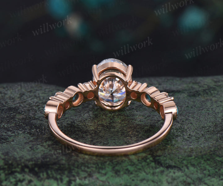 2ct Unique Oval Moissanite Half Eternity Engagement Ring Vintage Round Bezel Turquoise rose gold Art Deco Bridal Ring Anniversary Gift