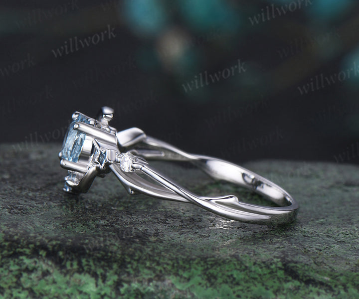 Round cut aquamarine engagement ring white gold moon vine twisted cluster diamond blue topaz wedding ring women