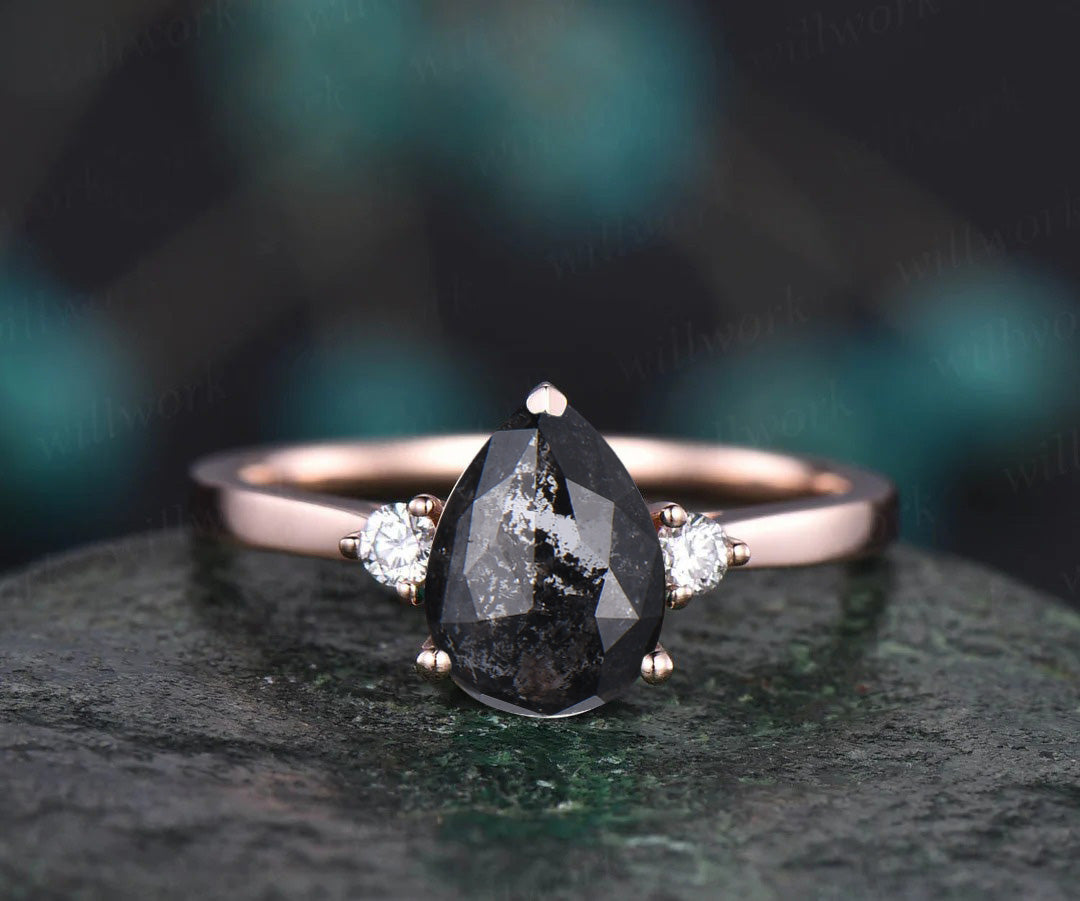 Unique Pear Salt and Pepper Diamond Engagement Ring Three Stone Diamond Accented Promise Ring for Her
