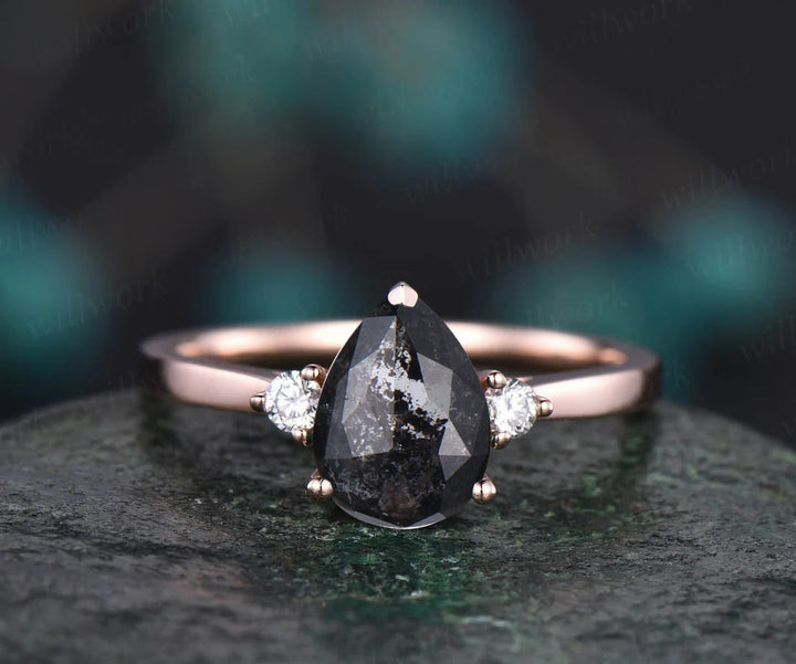 Unique Pear Salt and Pepper Diamond Engagement Ring Three Stone Diamond Accented Promise Ring for Her