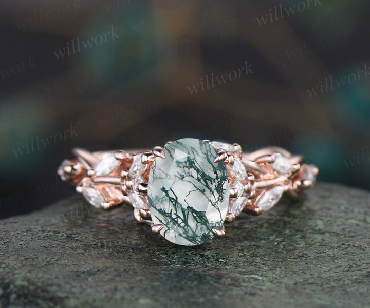 Natural moss agate engagement ring vintage floral twig moissanites ring rose gold nature inspired ring for women gift