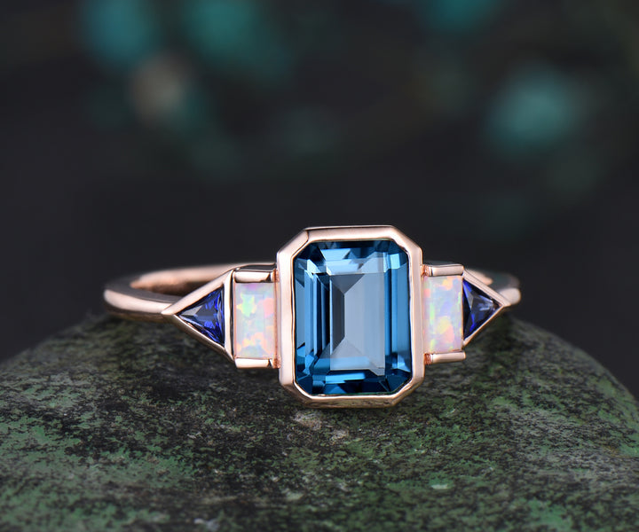 Bezel emerald cut London blue topaz engagement ring rose gold five stone Baguette opal ring Trilliant sapphire ring retro unique anniversary gift