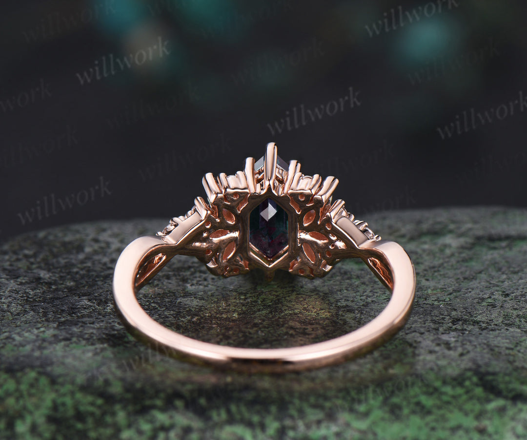 Long Hexagon cut alexandrite engagement ring rose gold women cluster opal diamond unique promise ring her infinity anniversary gfit