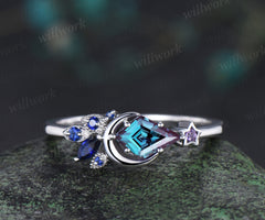 Kite Cut Color-Change Alexandrite Engagement Ring Moon Wedding Ring Cluster Blue Sapphire Amethyst Ring Unique Personalized Promise Rings