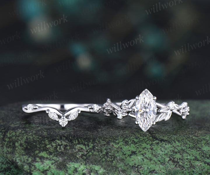 Nature inspired marquise cut lab-grown diamond engagement ring women twig leaf white gold ring branch diamond-accented bridal ring set