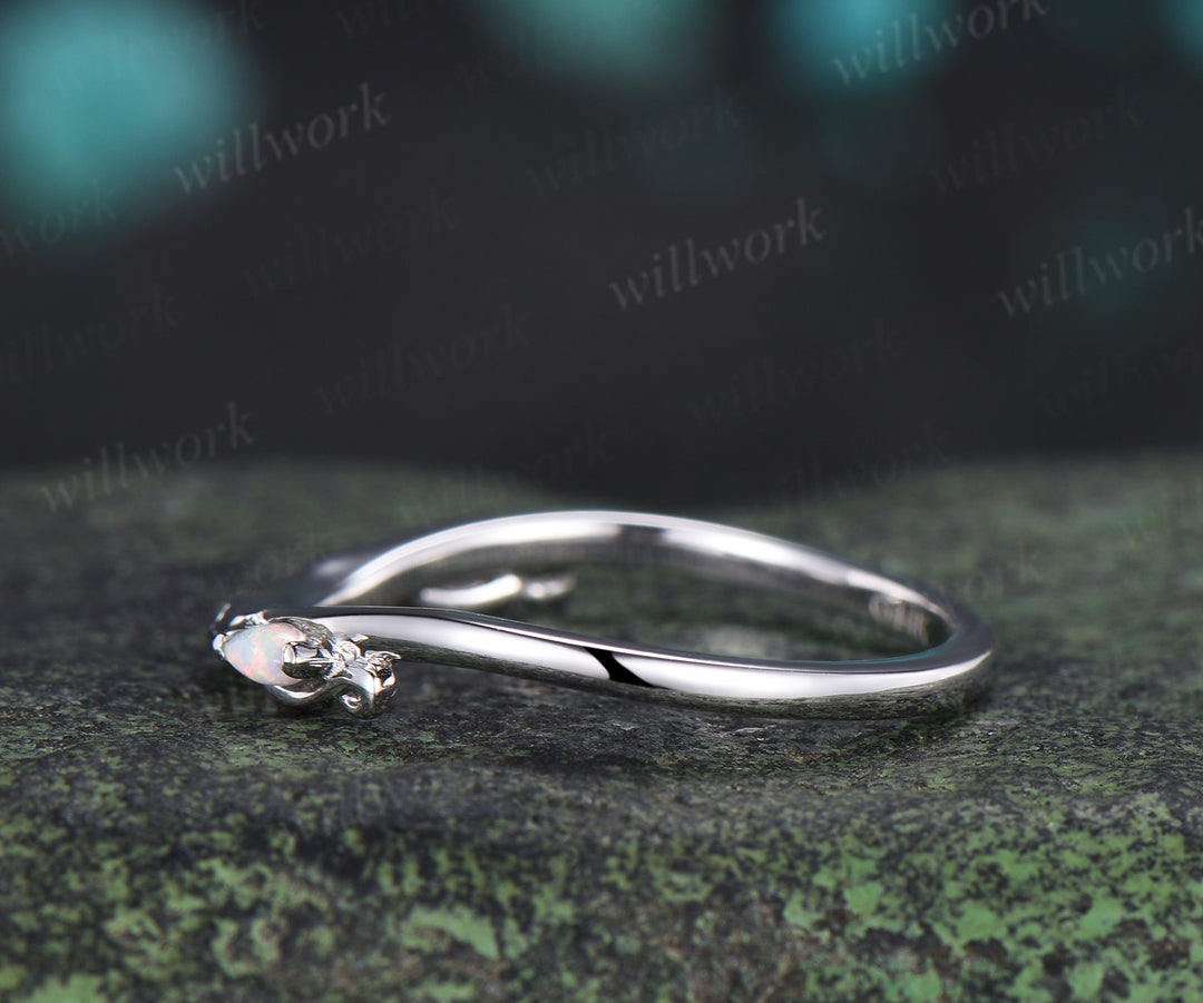 Marquise opal wedding band leaf inspired white fire opal curved stacking ring gifts for her