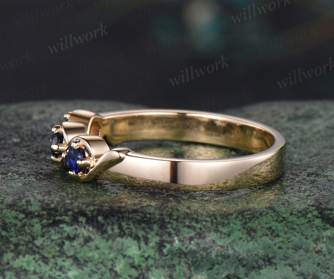 Blue sapphire wedding band solid 14k yellow gold twisted three stone anniversary ring women men gift