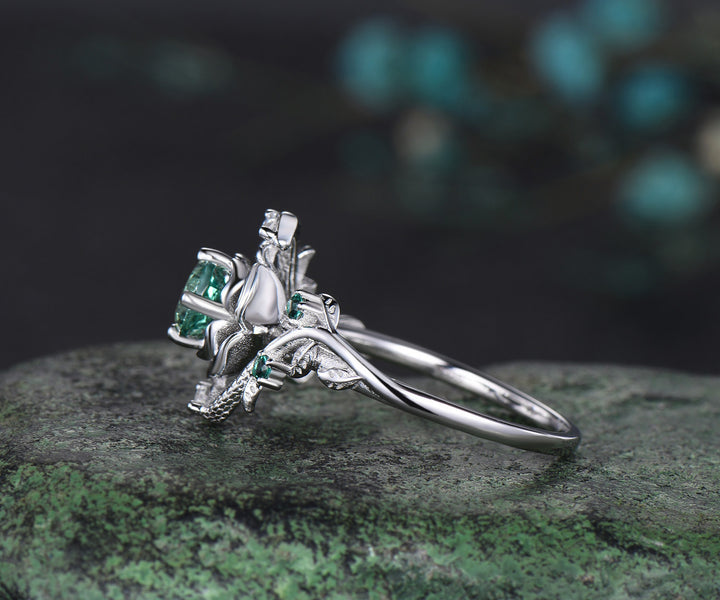 Round cut green sapphire ring vintage leaf floral double snake engagement ring 18k white gold emerald wedding ring women