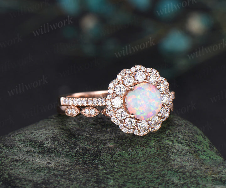 Round white opal engagement ring double halo moissanite solid 14k rose gold half eternity unique wedding bridal ring set