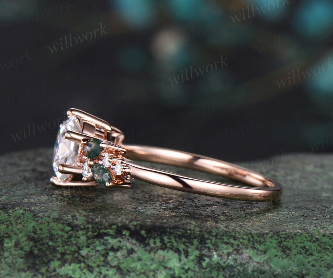 1ct Round cut moissanite engagement ring rose gold 6 prong snowdrift moss agate diamond anniversary promise ring women