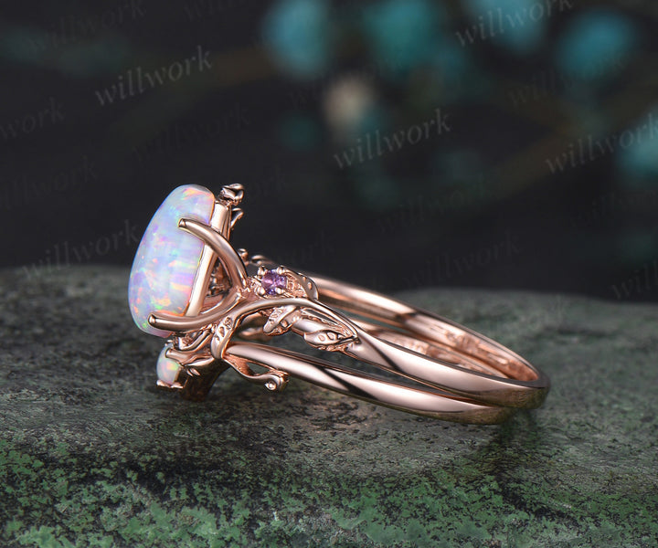 Vintage coffin white opal engagement ring rose gold leaf nature inspired amethyst ring women bridal anniversary ring set gift