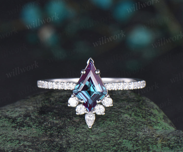 Kite cut alexandrite engagement ring white gold half eternity diamond wedding bridal ring set women jewelry