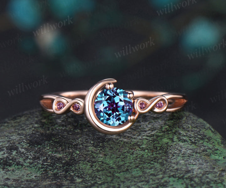 Round cut alexandrite engagement ring rose gold moon infinity five stone amethyst Celtic knot wedding ring set women