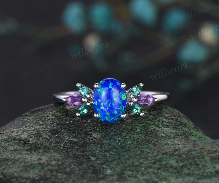 Blue Opal Wedding Ring Set Oval Opal Engagement Ring 14k White Gold Emerald Amethyst Promise Jewelry Anniversary Gift