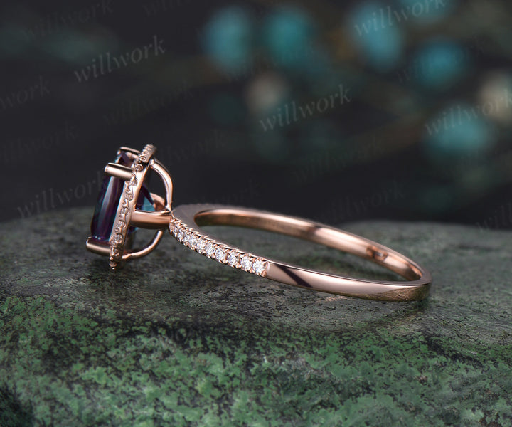 Cushion cut Alexandrite engagement ring solid 14k rose gold half eternity halo diamond wedding promise ring women jewelry