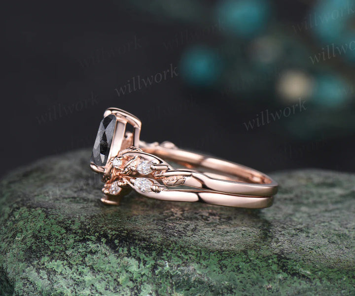 Pear cut salt and pepper diamond engagement Ring Set vintage Nature Inspired Branch rose gold Twist Leaf diamond promise Bridal ring Set women