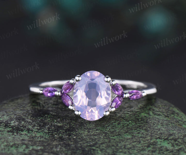 Vintage oval cut Lavender Amethyst engagement ring set white gold opal moissanite ring women stacking Crystal anniversary ring gift