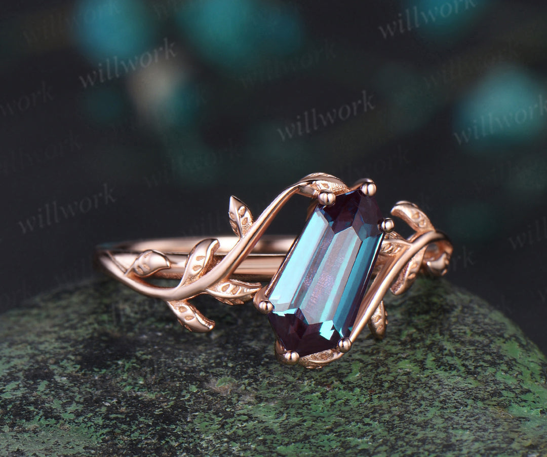 Shield shaped alexandrite Engagement Ring rose gold nature inspired leaf Solitaire wedding anniversary ring gift