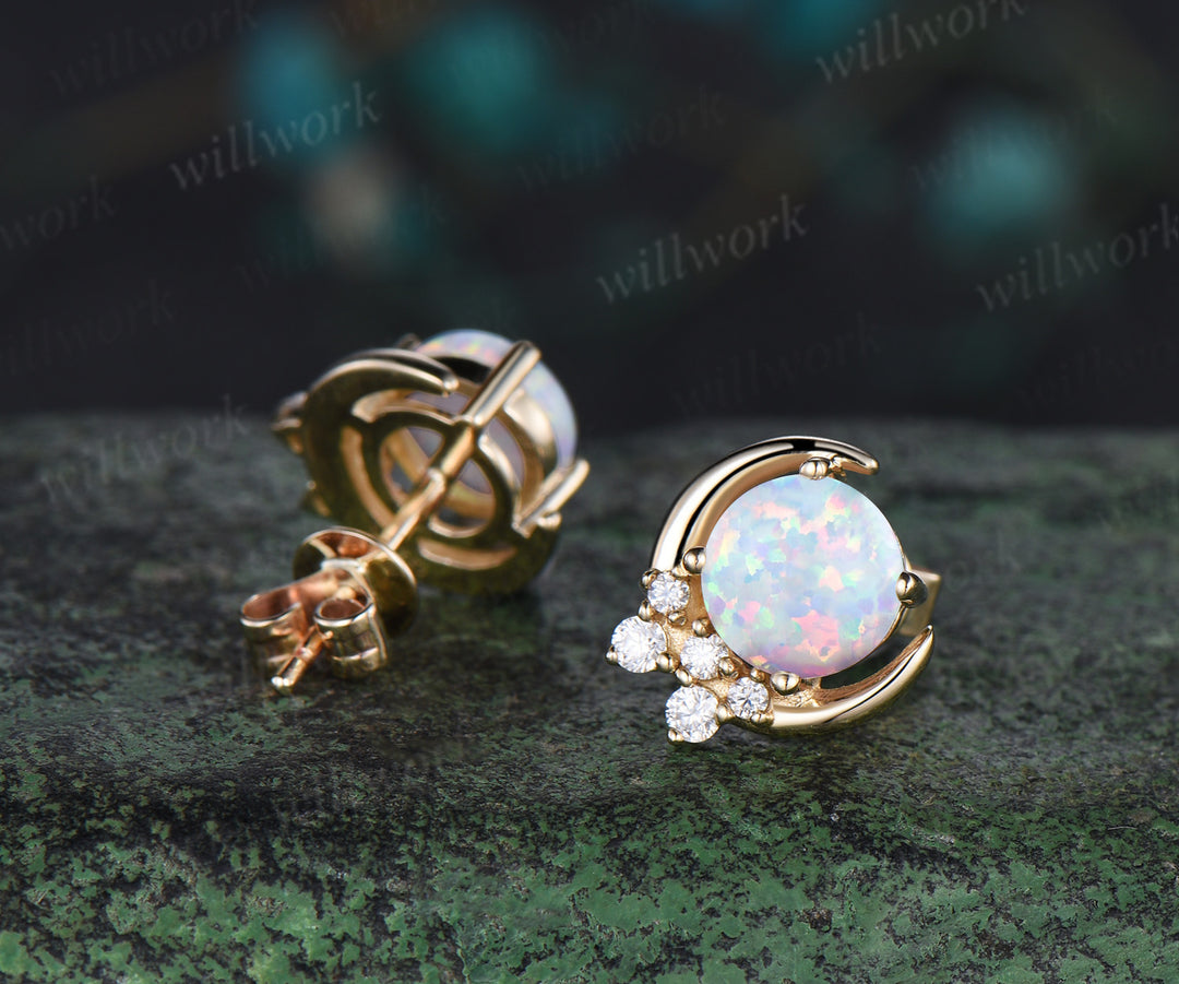 Round opal stud earrings solid 14k yellow gold October birthstone moon cluster diamond earrings anniversary gift for women