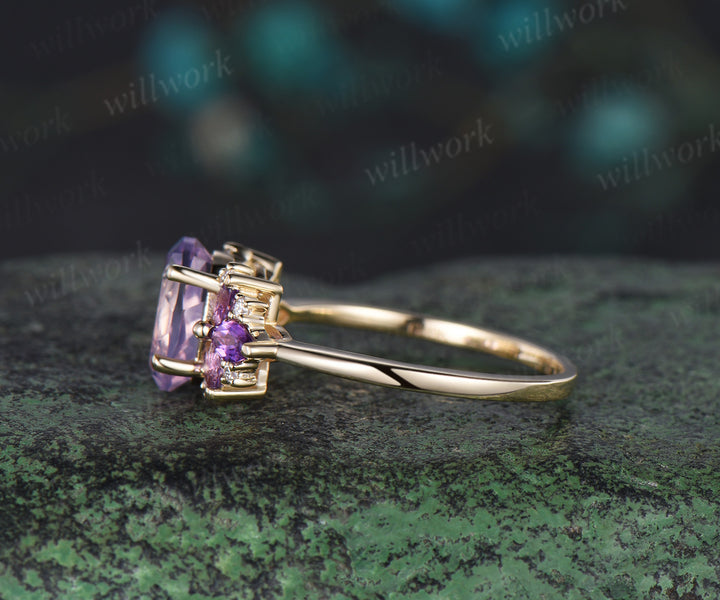 Oval cut Lavender Amethyst engagement ring solid 14k yellow gold cluster butterfly diamond Crystal wedding anniversary ring gift