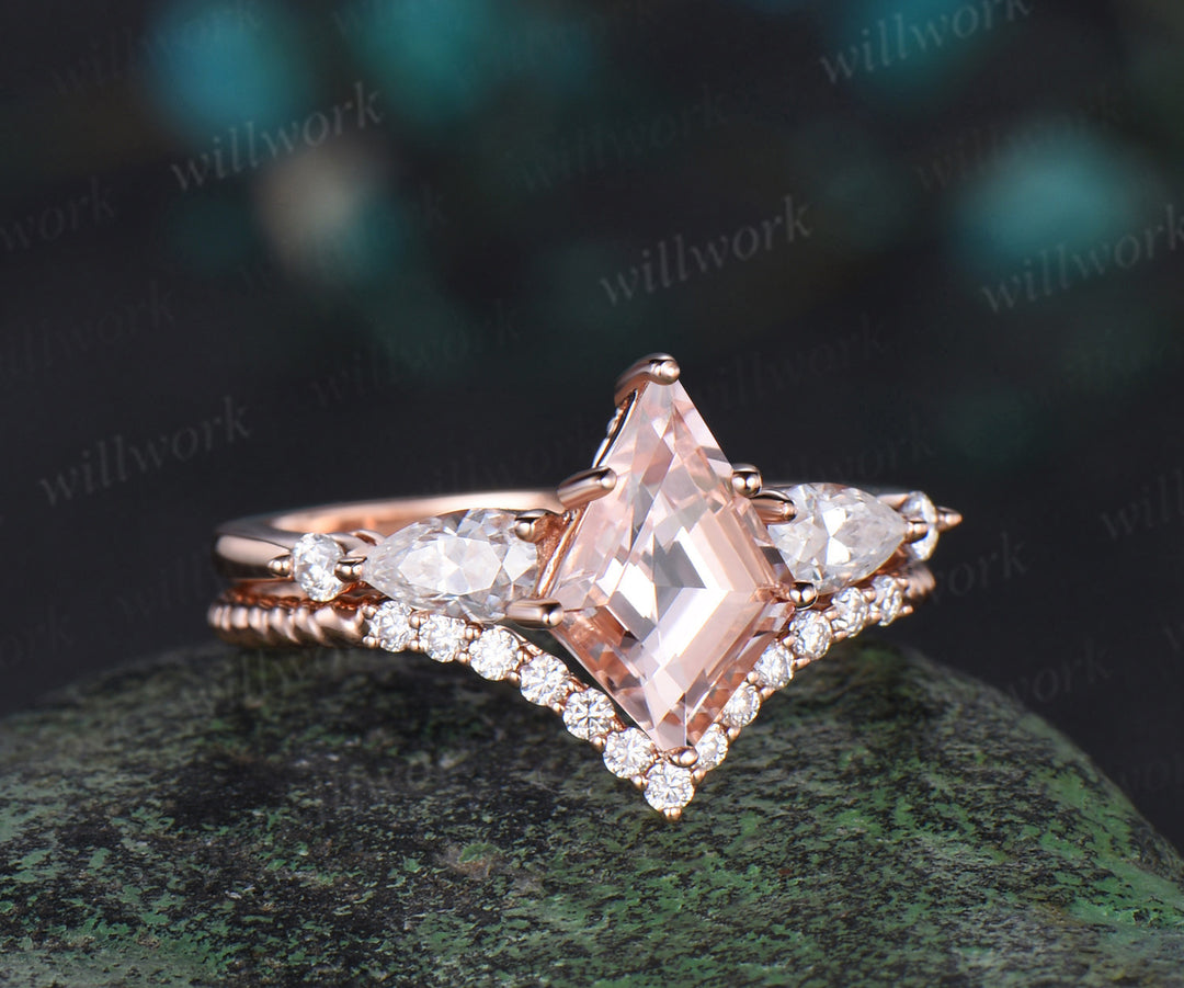 Kite cut morganite engagement ring rose gold 6 prong five stone pear diamond ring vintage promise bridal ring set women