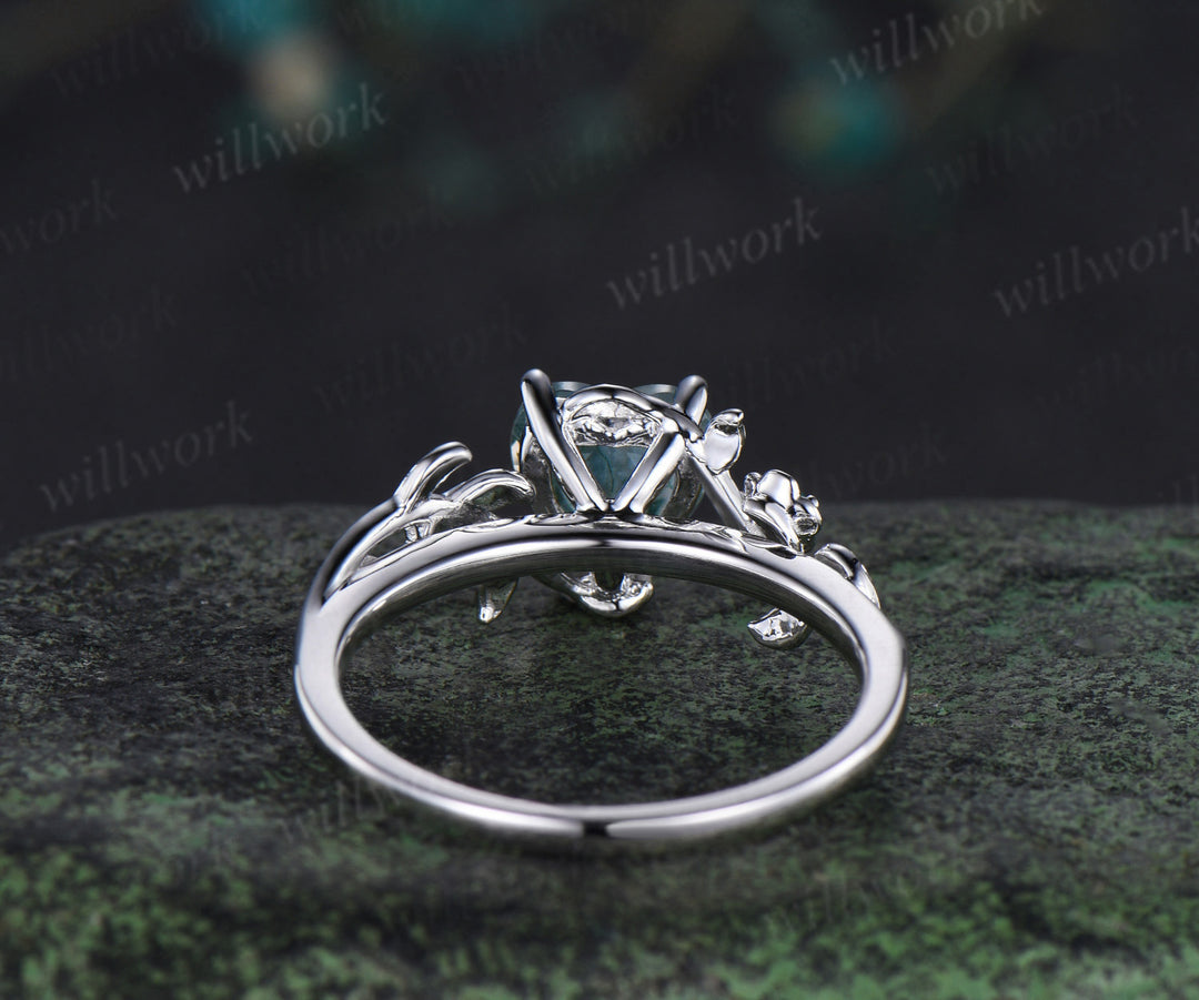 Heart cut green moss agate engagement ring women leaf floral emerald 14k white gold nature inspired promise wedding ring women gift