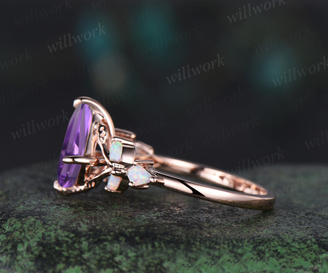 Unique kite cut amethyst engagement ring leaf kite opal ring 14k rose gold art deco promise anniversary gift