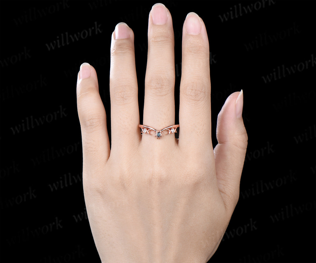 Dainty alexandrite sun moon wedding band bezel moissanite crescent curved stacking ring unique wedding ring for women